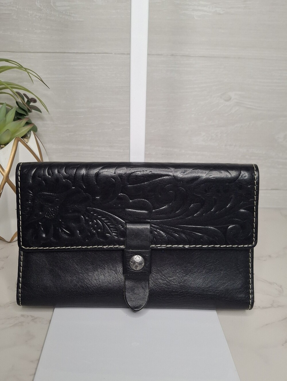 Patricia Nash Black Tooled Floral Italian Leather Continental Wallet